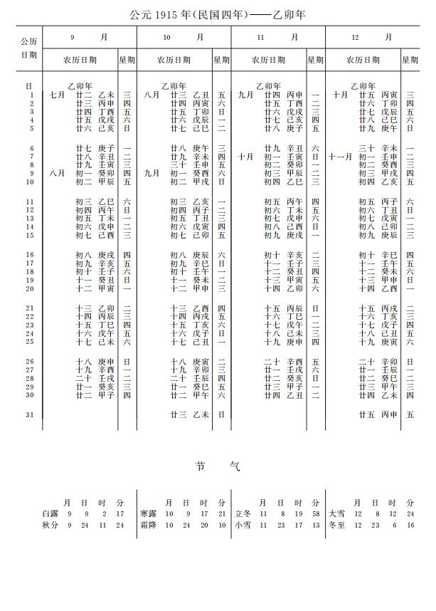 紫金山天文台万年历1915年9-12月