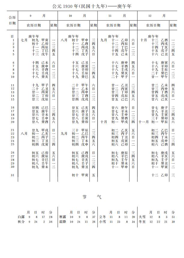 紫金山天文台万年历1930年9-12月