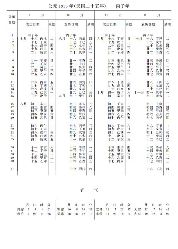 紫金山天文台万年历1936年9-12月
