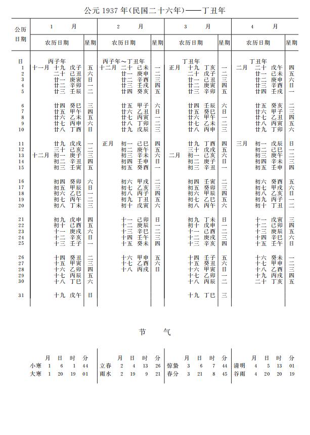 紫金山天文台万年历1937年1-4月