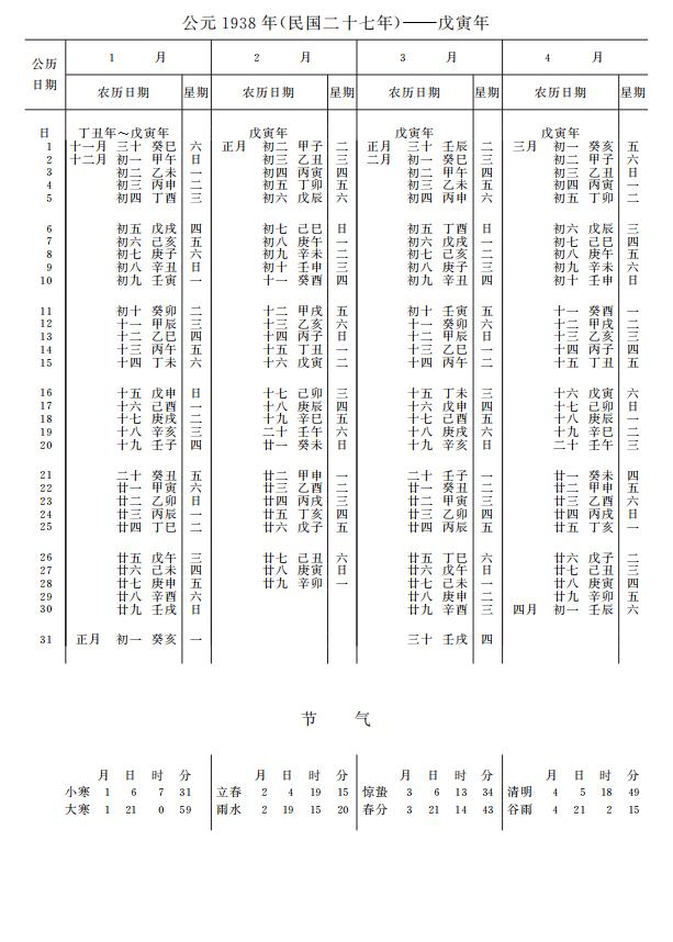 紫金山天文台万年历1938年1-4月