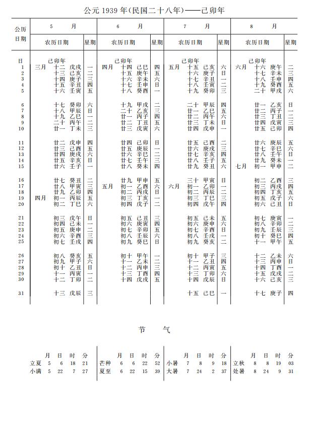 紫金山天文台万年历1939年5-8月
