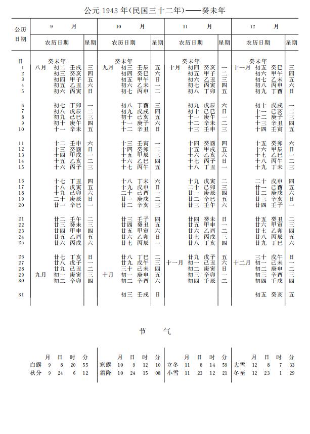 紫金山天文台万年历1943年9-12月