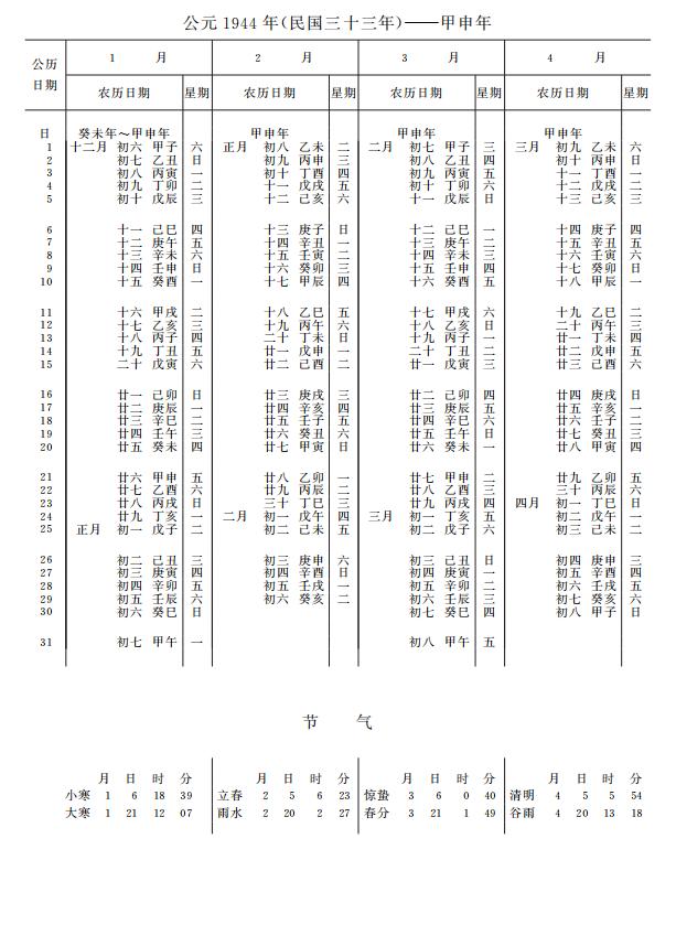 紫金山天文台万年历1944年1-4月