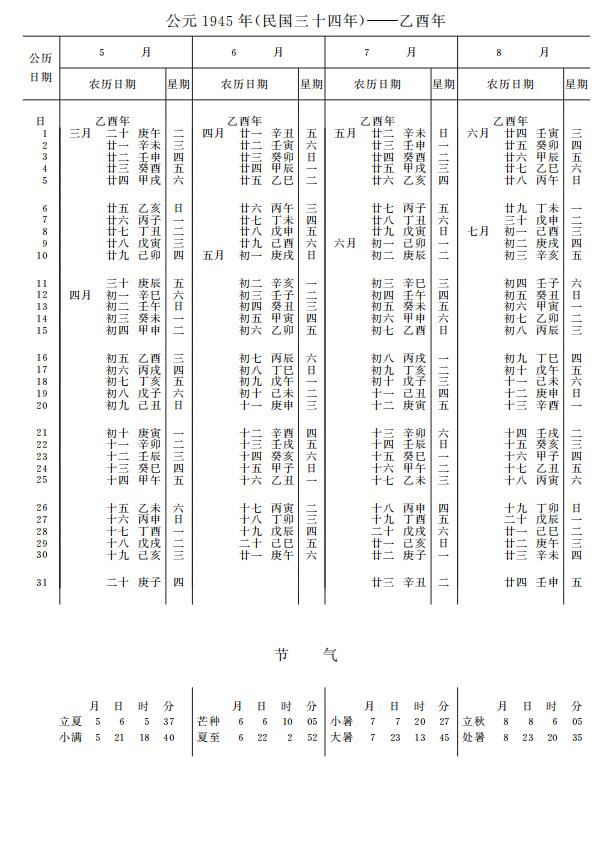 紫金山天文台万年历1945年5-8月