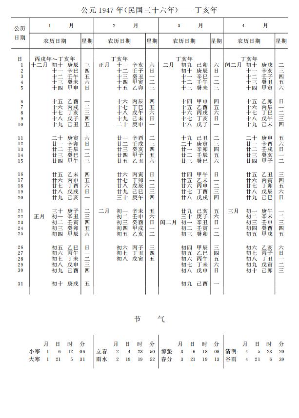 紫金山天文台万年历1947年1-4月