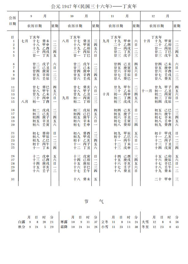 紫金山天文台万年历1947年9-12月