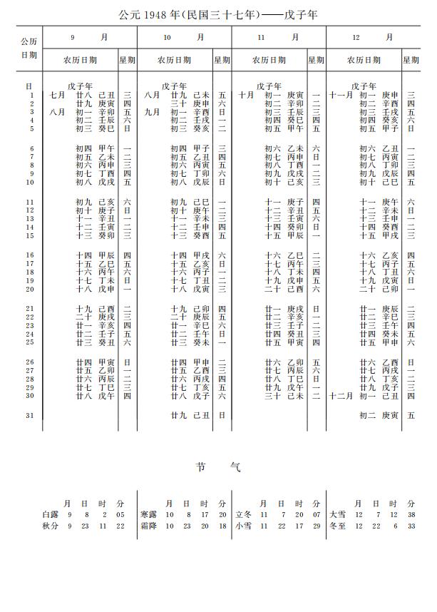 紫金山天文台万年历1948年9-12月
