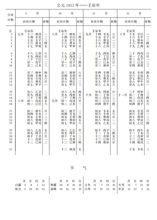 紫金山天文台万年历1952年9-12月