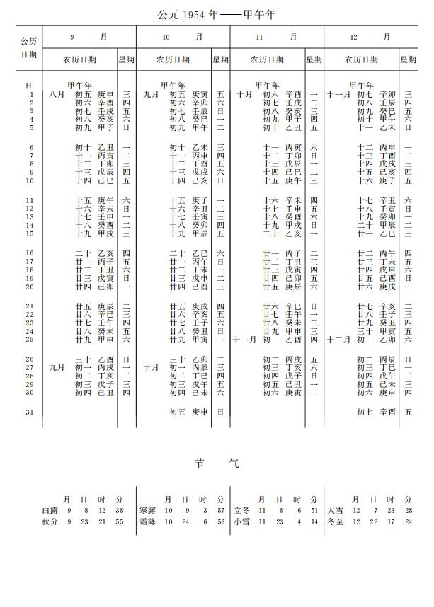 紫金山天文台万年历1954年9-12月
