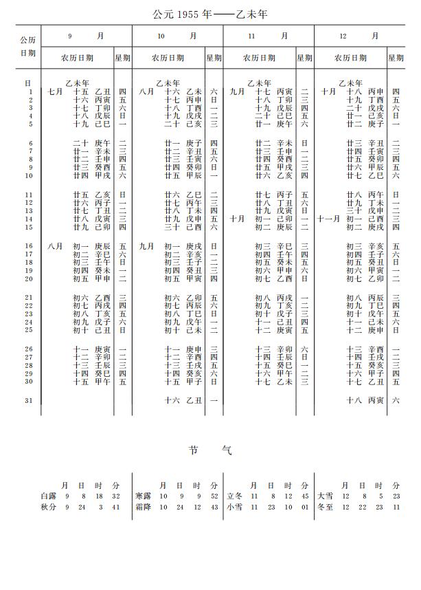 紫金山天文台万年历1955年9-12月