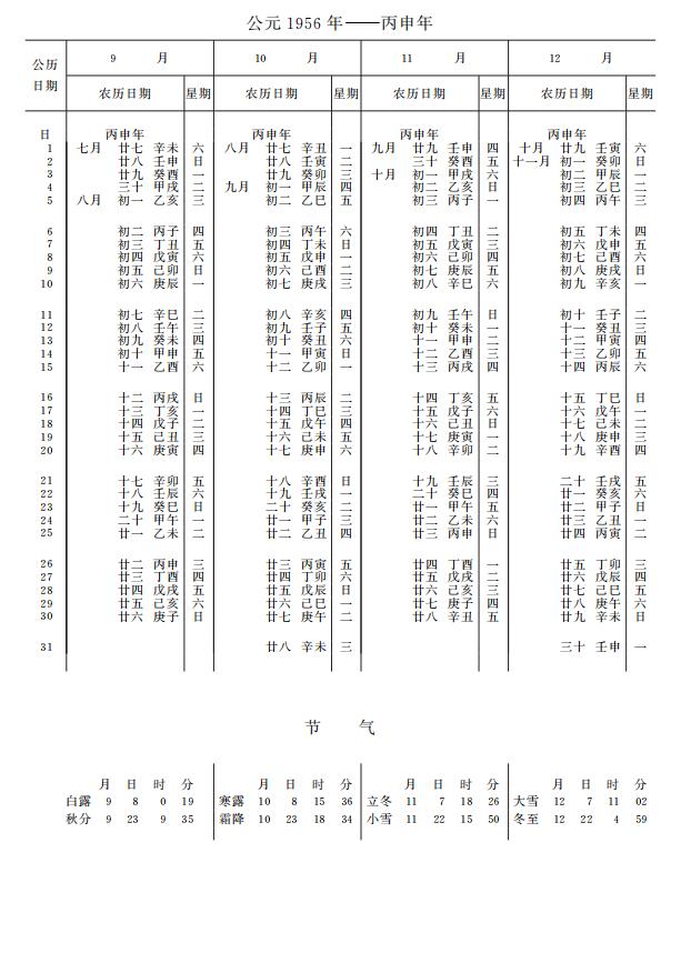 紫金山天文台万年历1956年9-12月