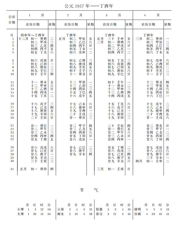 紫金山天文台万年历1957年1-4月