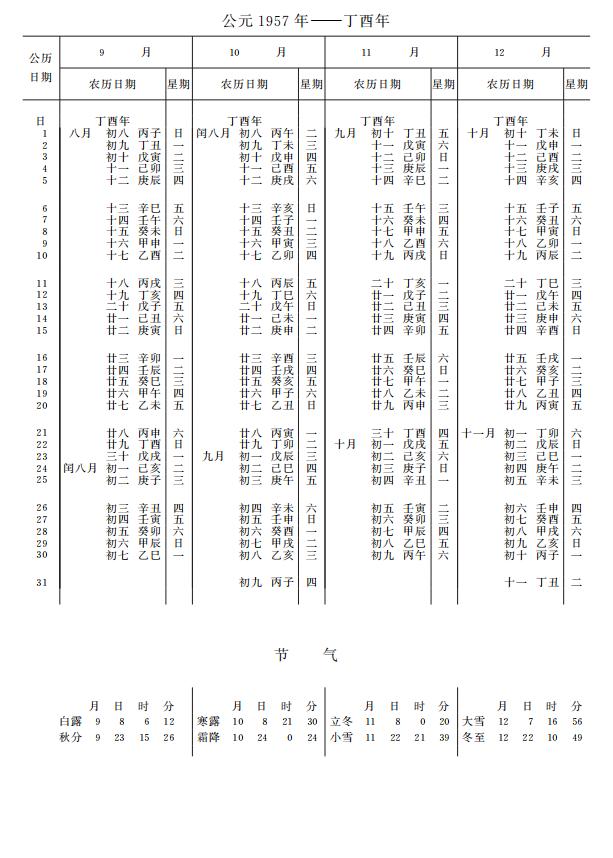 紫金山天文台万年历1957年9-12月