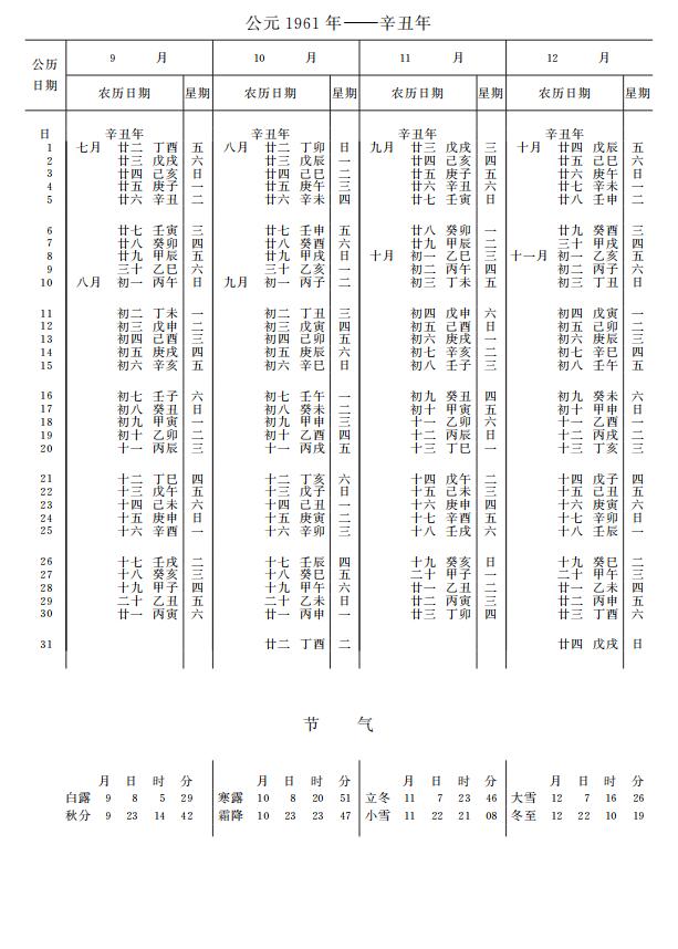 紫金山天文台万年历1961年9-12月