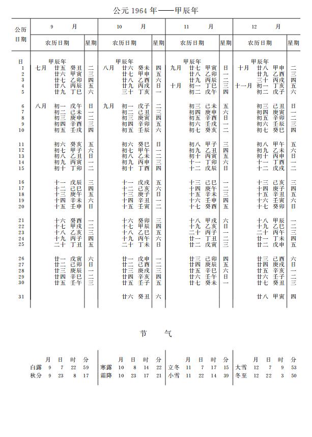 紫金山天文台万年历1964年9-12月