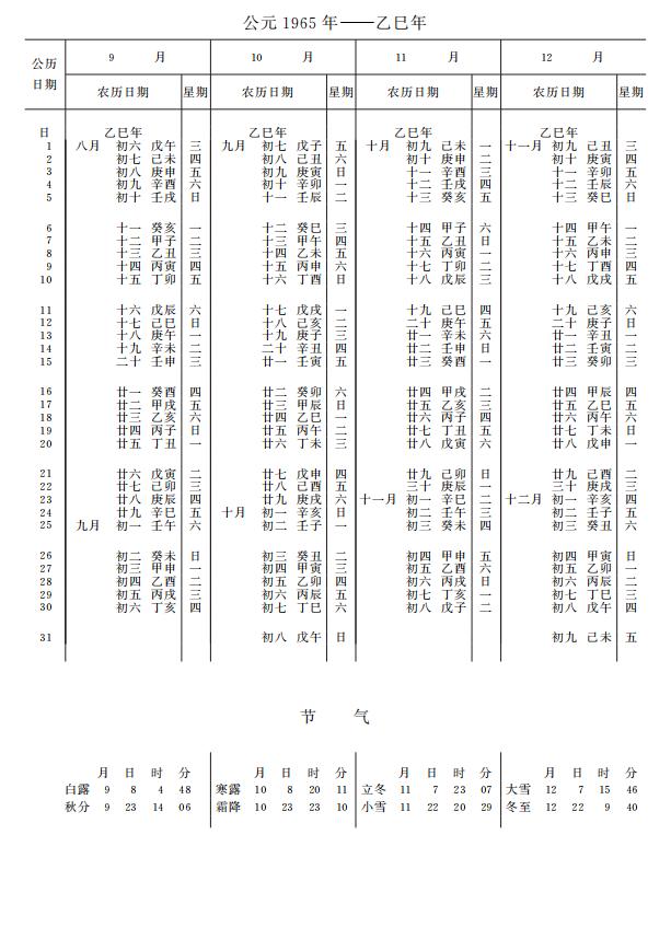 紫金山天文台万年历1965年9-12月