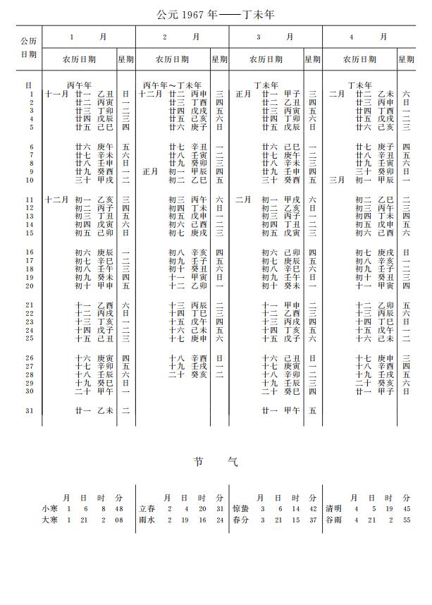 紫金山天文台万年历1967年1-4月