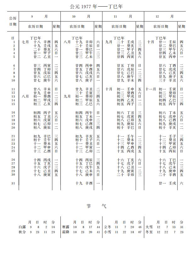 紫金山天文台万年历1977年9-12月