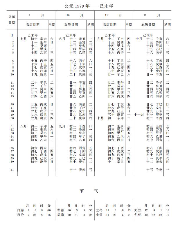 紫金山天文台万年历1979年9-12月