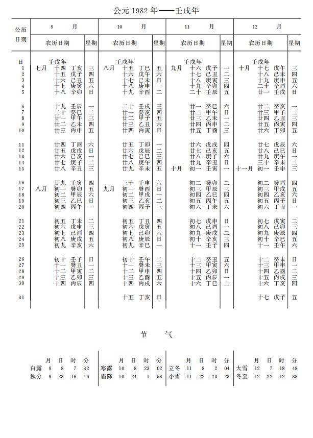 紫金山天文台万年历1982年9-12月