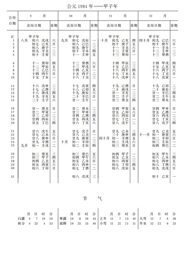 紫金山天文台万年历1984年9-12月