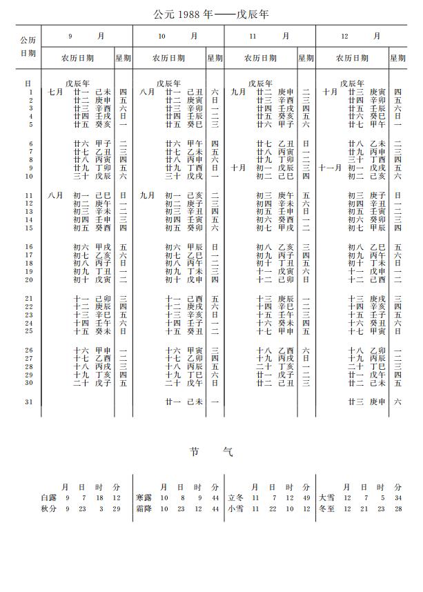 紫金山天文台万年历1988年9-12月