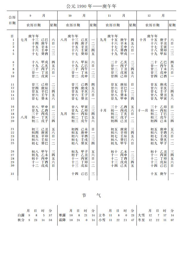 紫金山天文台万年历1990年9-12月