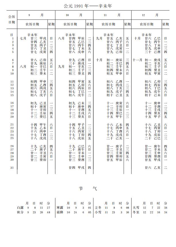 紫金山天文台万年历1991年9-12月