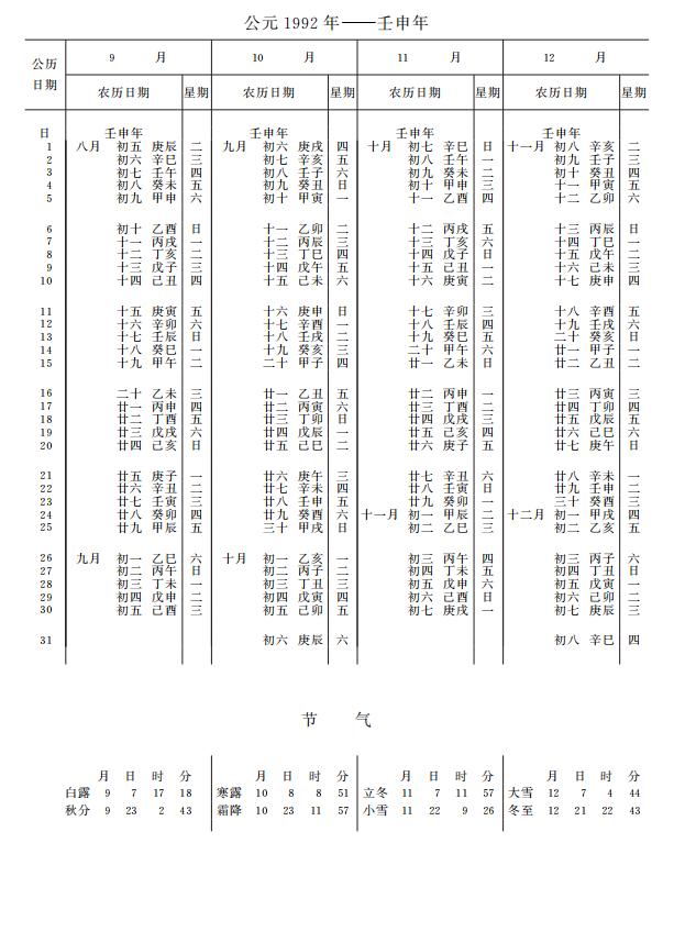 紫金山天文台万年历1992年9-12月