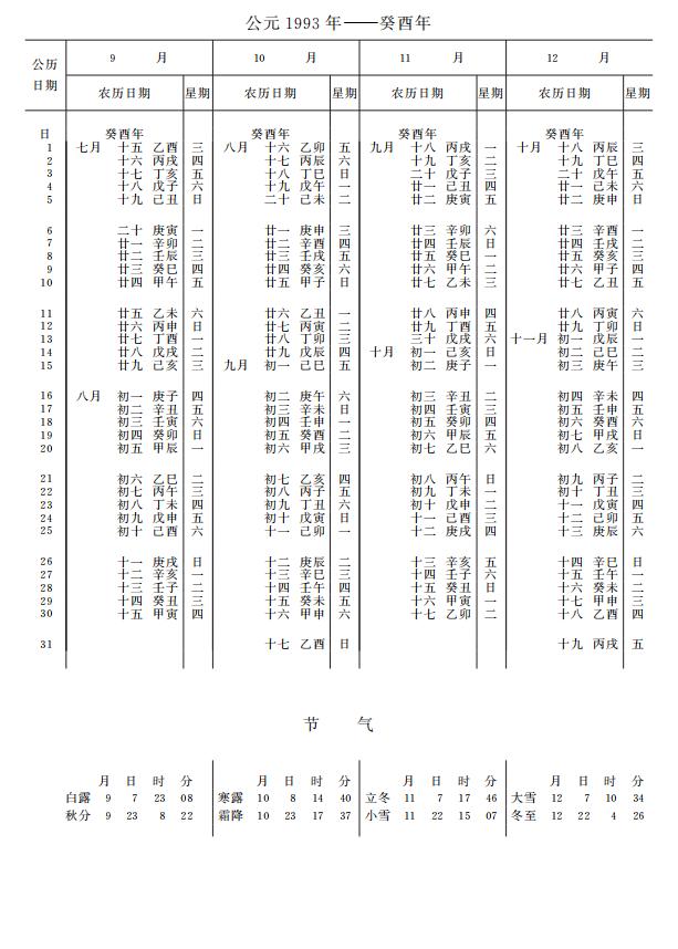 紫金山天文台万年历1993年9-12月