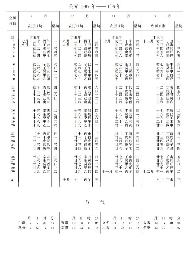 紫金山天文台万年历1997年9-12月