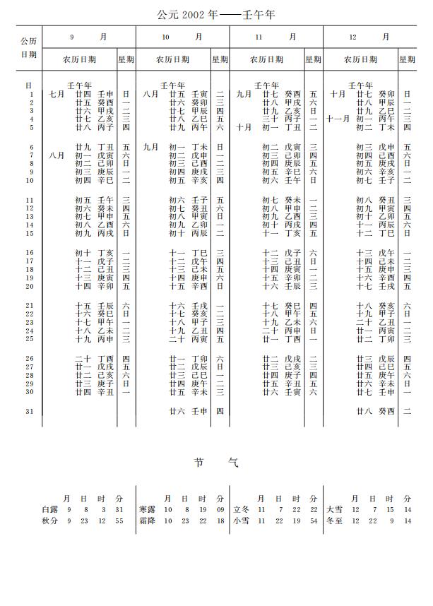 紫金山天文台万年历2002年9-12月