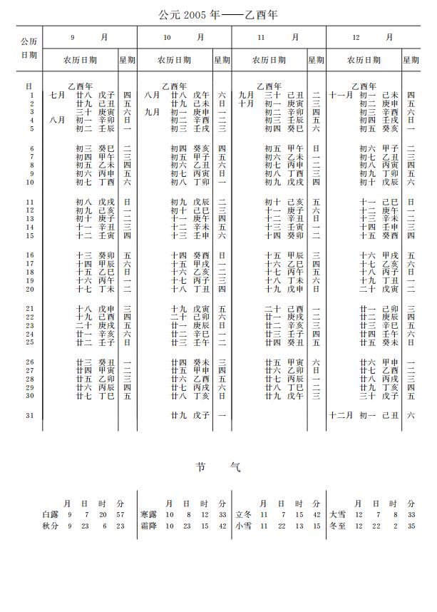 紫金山天文台万年历2005年9-12月