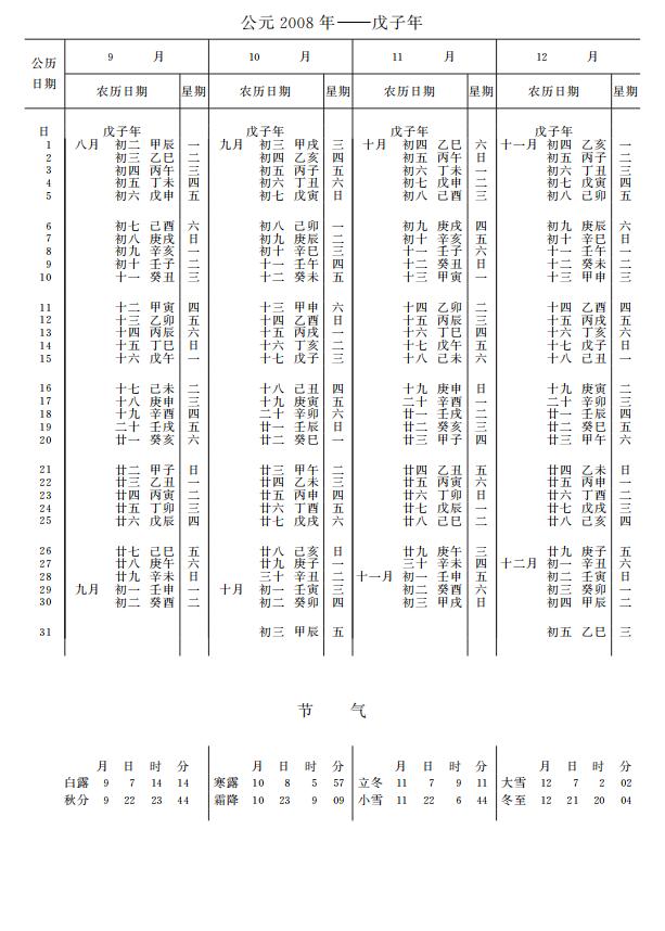 紫金山天文台万年历2008年9-12月