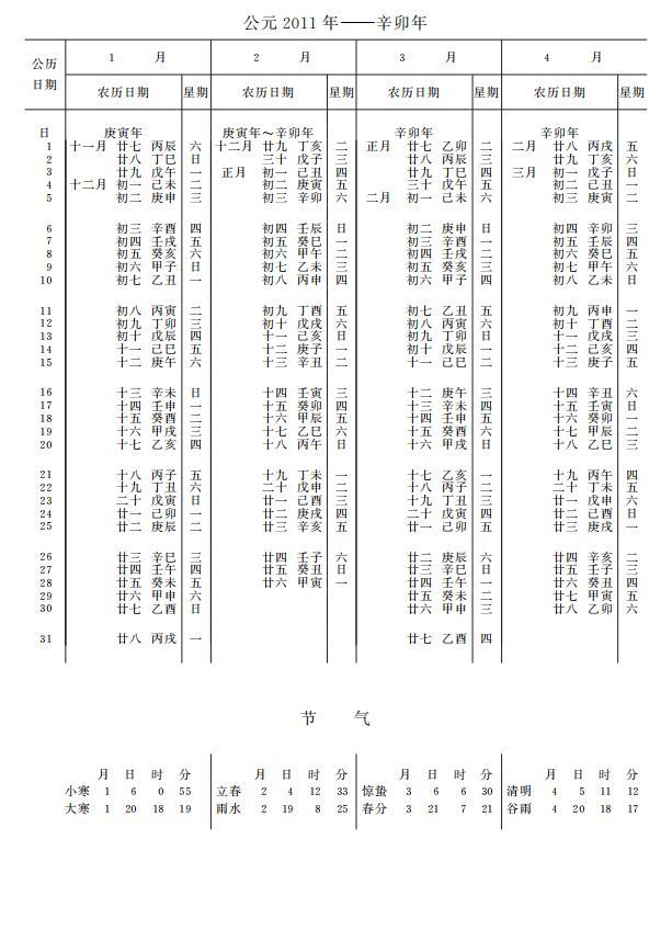 紫金山天文台万年历2011年1-4月