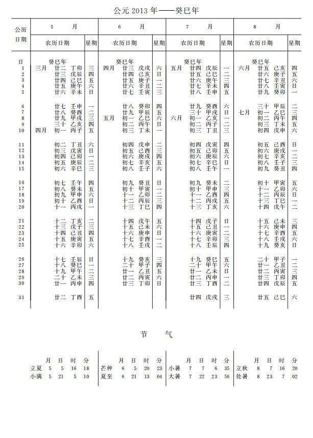 紫金山天文台万年历2013年5-8月