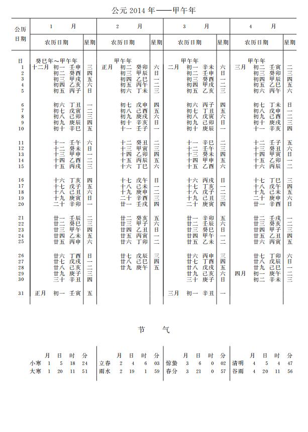 紫金山天文台万年历2014年1-4月