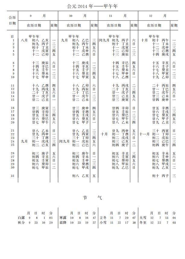 紫金山天文台万年历2014年9-12月