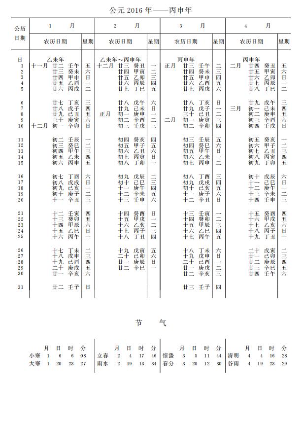 紫金山天文台万年历2016年1-4月