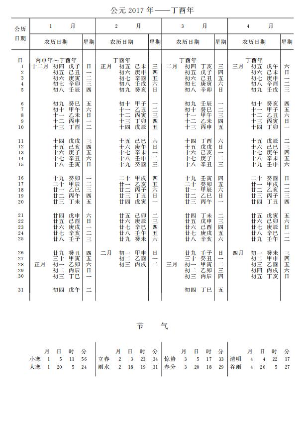 紫金山天文台万年历2017年1-4月
