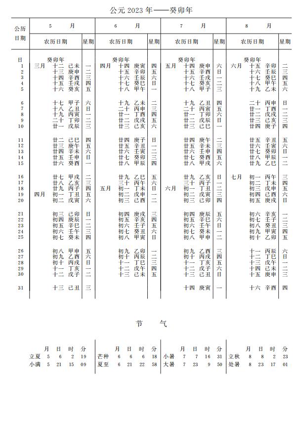 紫金山天文台万年历2023年5-8月